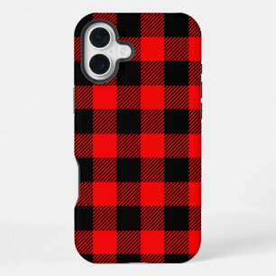 Coque iPhone 16 Plus Décor à carreaux buffle rouge et noir en bois de b