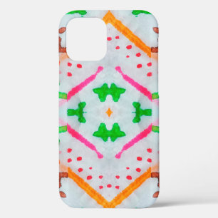 Coque iPhone 12 Décor Boho Aquarelle. Coussin bleu Boho. Aquarelle