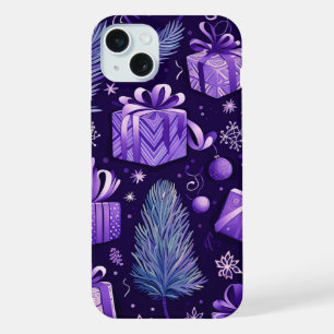 COQUE iPhone 15 PLUS DÉCORATIONS DE NOËL POINSETTIAS VIOLET ET OR