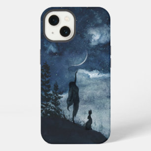 Etui iPhone 13 Déesse lunaire forestière lièvre aquarelle bleu lu