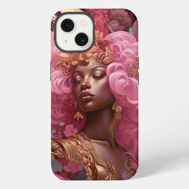 Coque iPhone Déesse noire en rose et or (Verso)