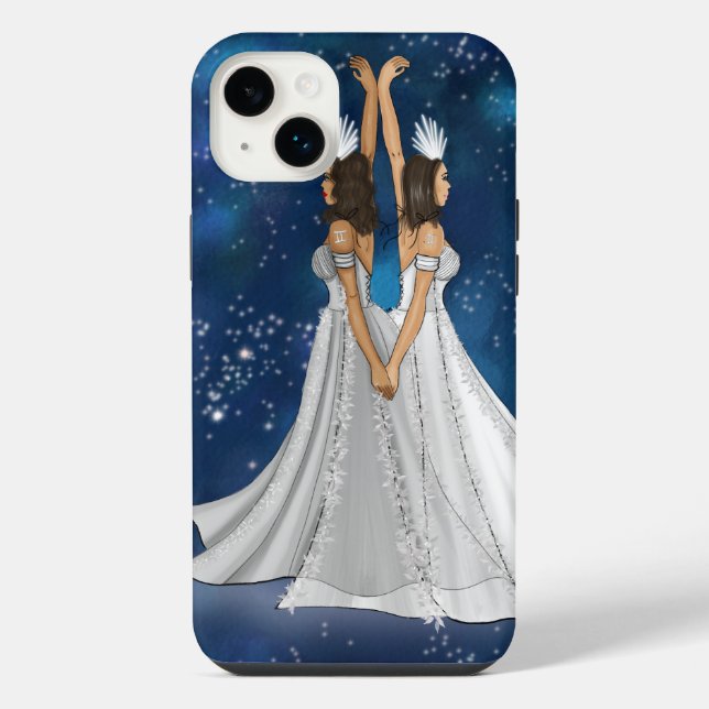 Coque iPhone Déesse Zodiac Gemini dans l'espace céleste bleu (Verso)