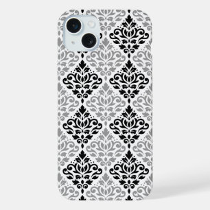 Coque iPhone 15 Plus Défiler Damask Grand Motif noir gris blanc