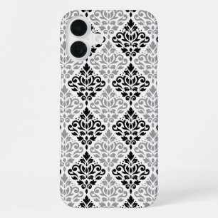 Coque iPhone 16 Plus Défiler Damask Grand Motif noir gris blanc