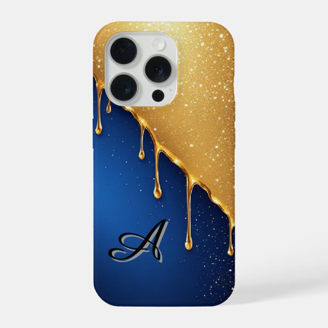 Coque iPhone 💛 Dégoulinante Élégance en Or Liquide sur un Bleu (Verso)