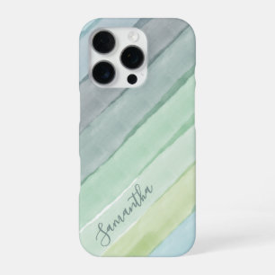 Coque iPhone 16 Pro Dégradé de rayures à l'aquarelle Monogramme Vert B