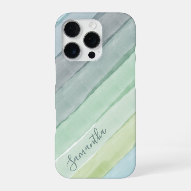 Coque iPhone Dégradé de rayures à l'aquarelle Monogramme Vert B (Verso)