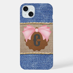 Coque iPhone 15 Plus Denim personnalisé & Cuir avec Nœud Rose