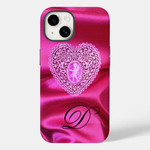 COQUE POUR iPhone 14 DENTELLE DE CUPIDON COEUR SOIE ROSE FUCHSIA TISSU