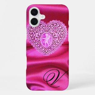 COQUE iPhone 16 PLUS DENTELLE DE CUPIDON CŒUR SOIE ROSE FUCHSIA TISSU M