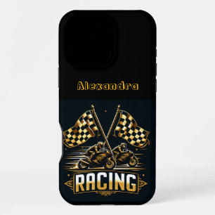 Coque iPhone 16 Pro Max Des courses de moto palpitantes et des drapeaux !