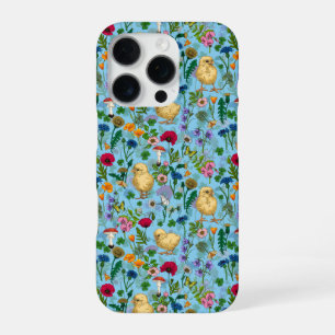 Coque iPhone 16 Pro Des poules et des fleurs sauvages sur fond bleu bé