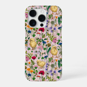 Coque iPhone 16 Pro Des poules et des fleurs sauvages sur un fond rose