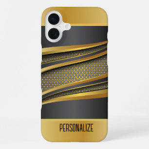 Coque iPhone 16 Plus Design de maille métallique noir et or élégant