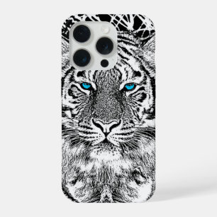 Coque iPhone 15 Pro Design de tigre aux yeux bleus noir et blanc
