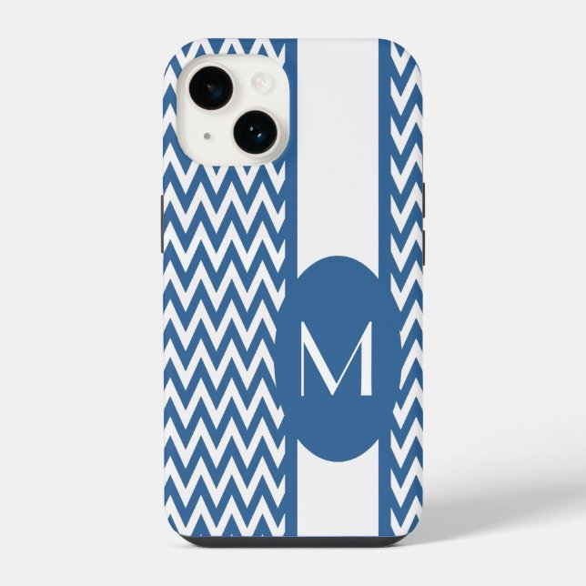 Coque iPhone Design élégant chevron Azure avec monogramme (Verso)