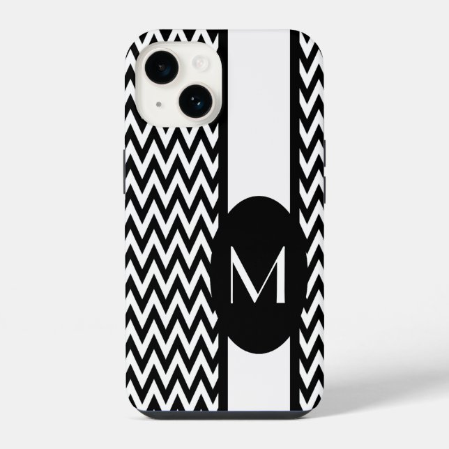 Coque iPhone Design élégant chevron noir avec monogramme (Verso)