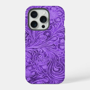 Coque iPhone 15 Pro Design Élégant Fleur Motif Embossé Cuir Violet