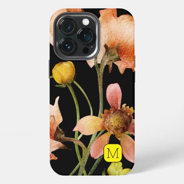 Coque iPhone design féminin élégant initial Fleurs noires (Dos)