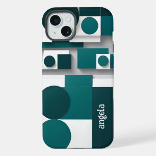 Coque iPhone 15 Plus Design moderne abstrait géométrique turquoise blan