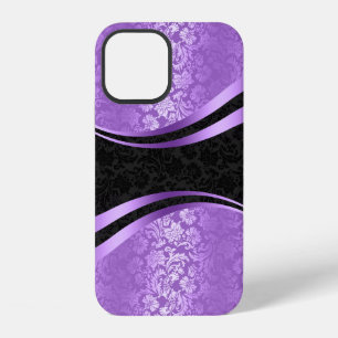 Coque iPhone 12 Design moderne de damas lavande et noir géométriqu