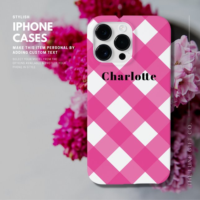 Coque iPhone Design moderne Simple Rose En vichy avec nom (Créateur téléchargé)