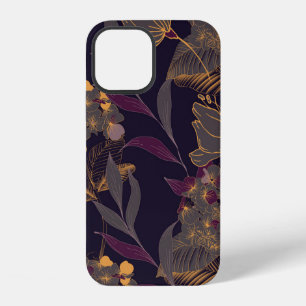 Coque iPhone 12 Dessin abstrait de fleurs et de feuilles sur un fo