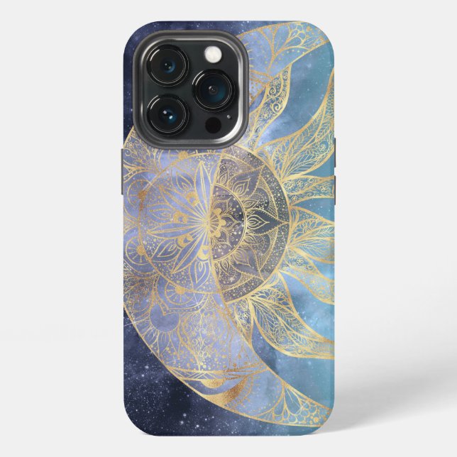 Coque iPhone Dessin céleste de mandala Soleil Lune d'or (Dos)