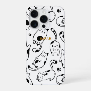 Coque iPhone 16 Pro Dessin de chat drôle mignon motif noir blanc
