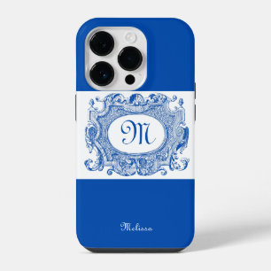 Coque Pour iPhone 14 Plus Dessin de monogramme de cartouche antique bleu