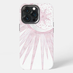 Etui iPhone 13 Pro Dessin élégant de soleil lune doodle mandala blanc