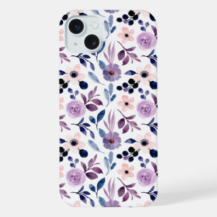 Coque iPhone 15 Plus Dessin floral délicat avec feuilles de lavande mar