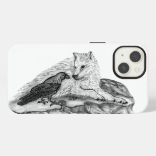 Etui iPhone 13 Dessin noir et blanc de loup et corbeau