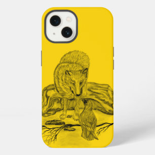 Etui iPhone 13 Dessin noir et jaune de loup et de corbeau