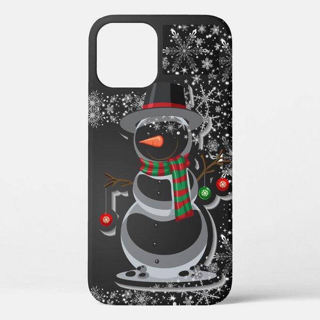 Coque iphone d'hiver noir (Happy Holidays, Winter Snowman, Ornaments, Black Background iPhone Case!)