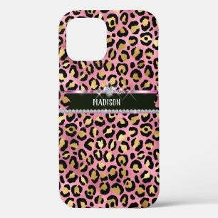 Coque iPhone 12 Diamant d'or noir léopard rose personnalisé