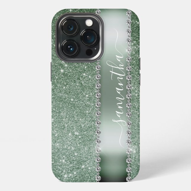 Coque iPhone Diamant Parties scintillant verte Calligraphie Nom (Dos)