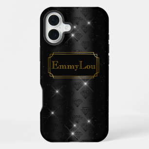 Coque iPhone 16 Plus Diamants art déco glamour noir et or