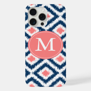 Coque iPhone 15 Pro Max Diamants bleu et corail monogrammes Ikat Motif
