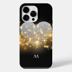 Coque Pour Pour iPhone 14 Pro Max Diamants Étincelants Coeur Noir Et Lumière Monogra
