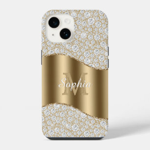 Coque Pour iPhone 14 Diamants, Grand Monogramme Doré, Nom en Écriture B