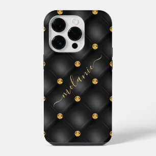 Coque Pour iPhone 14 Plus Diamond Or Noir Tufted Votre Nom