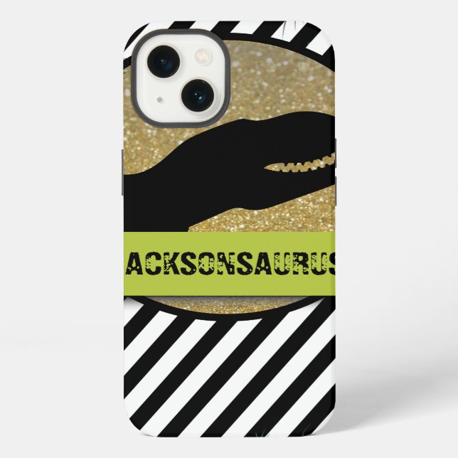 Coque iPhone Dinosaure rayé noir blanc monogramme (Verso)