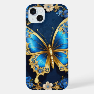 Coque iPhone 15 Plus Diseño Elegante de Mariposa Dorada y Azul