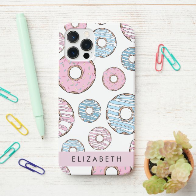 Coque iPhone Donuts Roses, Donuts Bleus, Sprinkings, Votre Nom (Sur le bureau)
