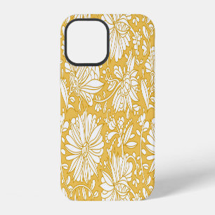 Coque iPhone 12 Doodle à fleurs dorées, abstrait dessiné à la main