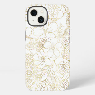 Etui iPhone 13 Doodle d'art en ligne de fleurs blanches dorées mo