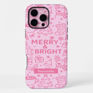 Coque iPhone 16 Pro Max Doodle de Noël rose Fêtes modernes