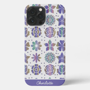 Etui iPhone 13 Pro Max Doodle motif floral violet nom personnalisé