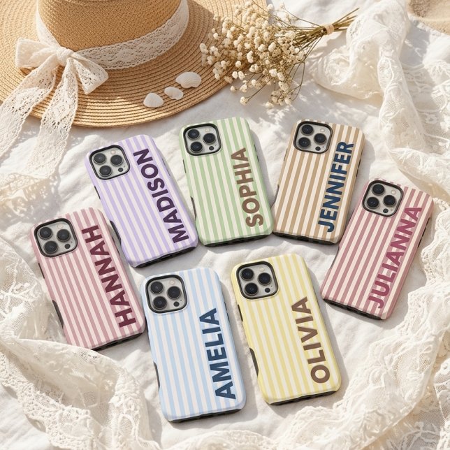 Coque iPhone Douce brume de lavande personnalisée sur rayures E (Personalized Elegant Stripes  Wedding | Bachelorette Party | Bridesmaid | Teacher | Nurse Phone Case)
